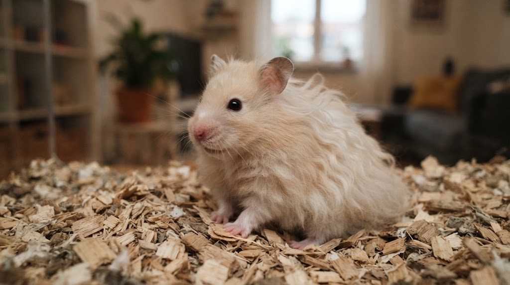 クリーム色のふわふわした長毛のゴールデンハムスター