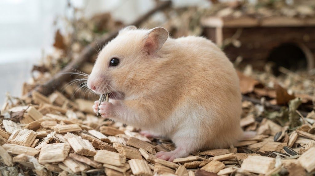 ひまわりの種を前足で持ってかじる、淡い黄金色のキンクマハムスター