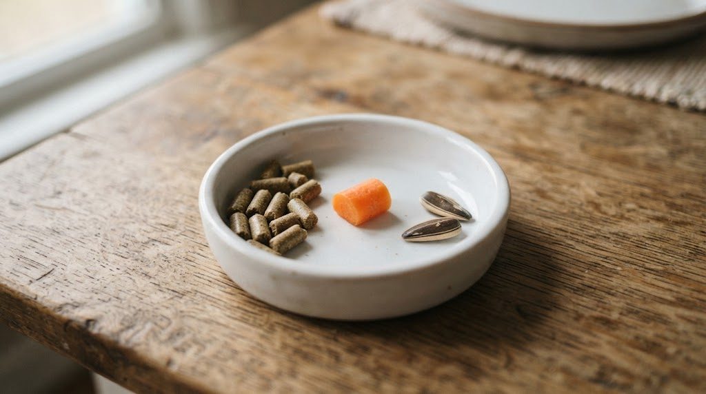 白い陶器の皿の中に、茶色いペレット、小さく切ったにんじん、ひまわりの種2粒が区切って置かれている様子