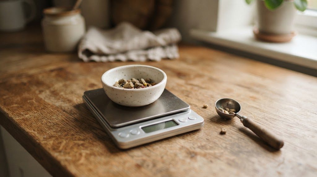 木のテーブルに置いたキッチンスケールの上の陶器の小皿に、茶色や緑がかった粒が混ざった餌が少し入り、そばの計量スプーンにも同じ餌がのっている様子