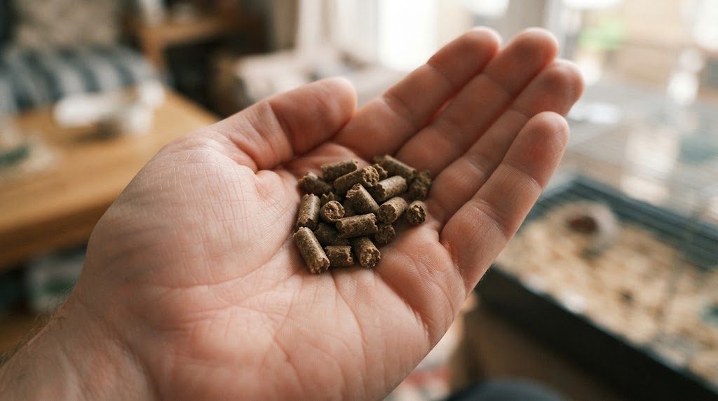 手のひらにのせた茶色い円柱形のペレットの粒のクローズアップ