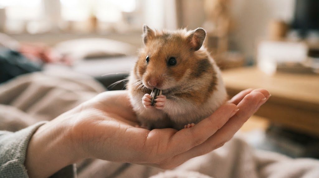 手のひらの上で、ひまわりの種を前足で持って食べるゴールデンハムスター