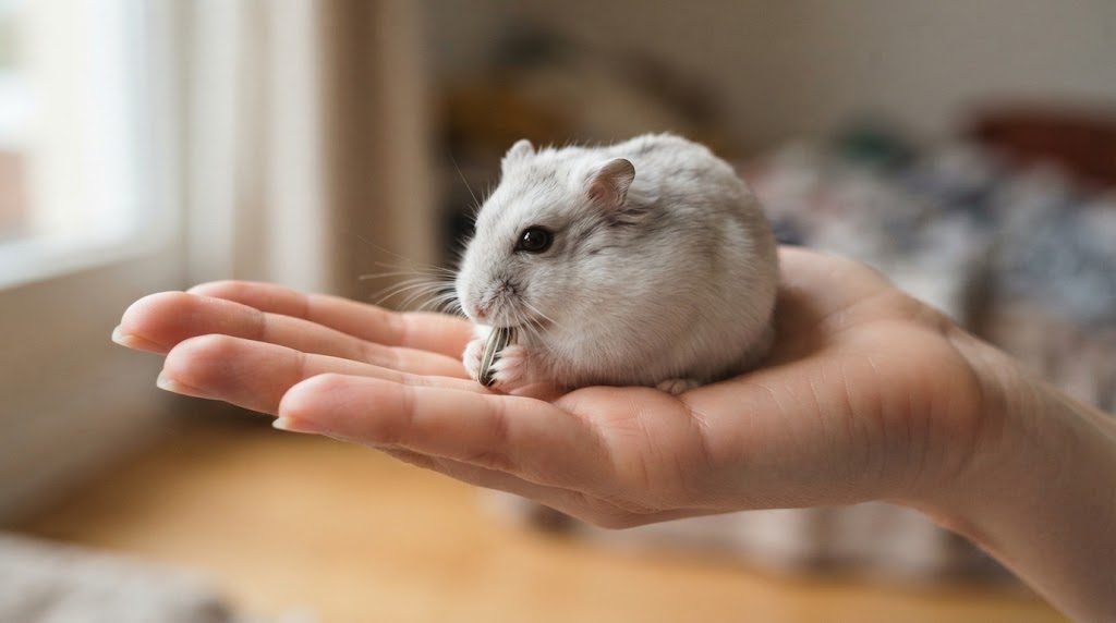 手のひらの上で、ひまわりの種を前足で持って食べる白っぽい灰色の小さなハムスター
