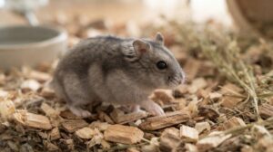 おがくずと木のチップの上を歩く、灰色の毛のジャンガリアンハムスターの横からの様子。前足が床材を踏んでいる