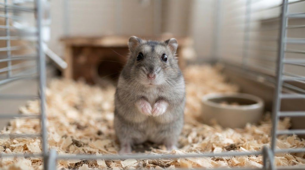 ケージの中で後ろ足で立ち上がり、前足をそろえてこちらをじっと見るジャンガリアンハムスター