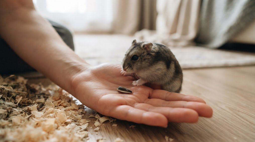 床の上で上向きに置かれた手のひらに前足をかけ、ひまわりの種に鼻を近づけるジャンガリアンハムスター