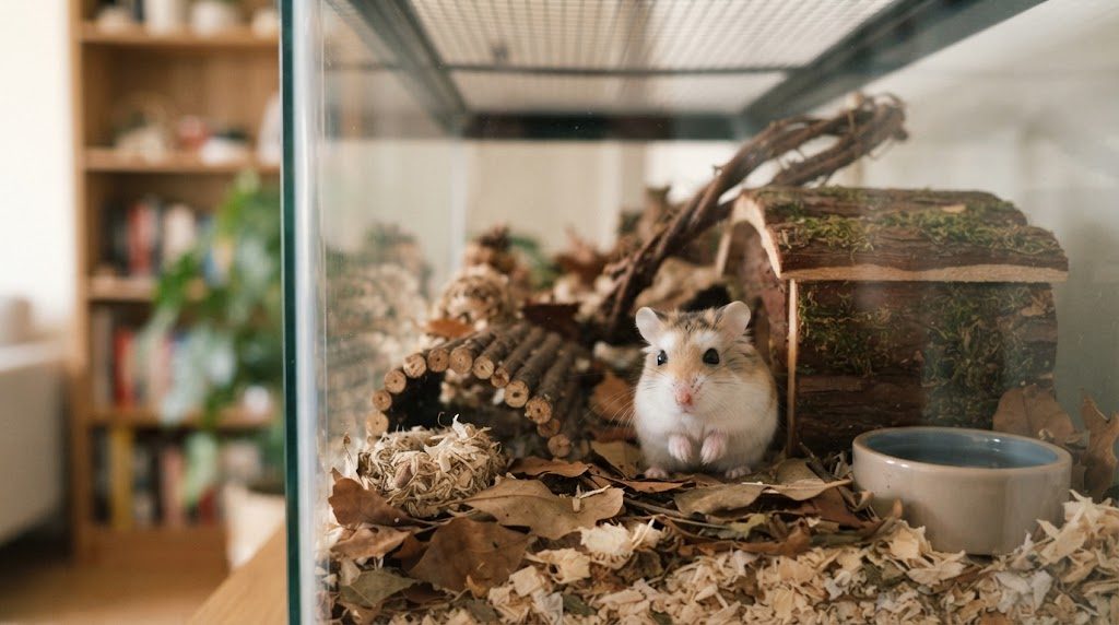 ガラスのケージの中で、木の巣箱のそばに立ってこちらを見つめる、砂色の毛に白い眉のような模様のあるロボロフスキーハムスター