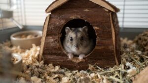 ケージの中の木の巣箱の入口から、顔をのぞかせている灰色のジャンガリアンハムスター