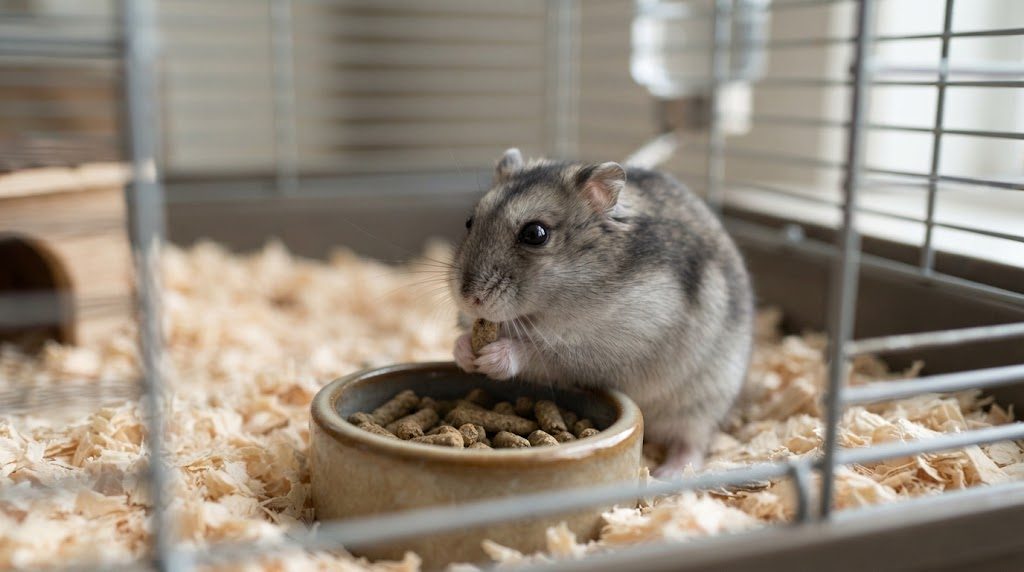 おがくずを敷いたケージの中で、陶器の皿からペレットを前足で持って食べるジャンガリアンハムスター