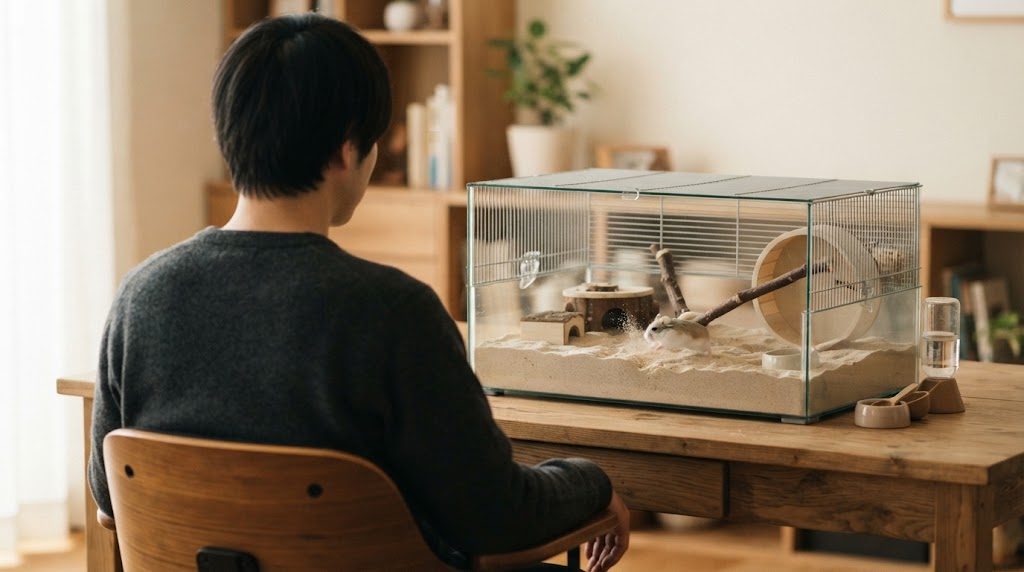 机の上のケージで走り回るロボロフスキーハムスターを、椅子に座って後ろ姿で眺める人