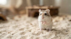 砂の上に立つ、砂色の毛で白い眉のような模様があるロボロフスキーハムスター