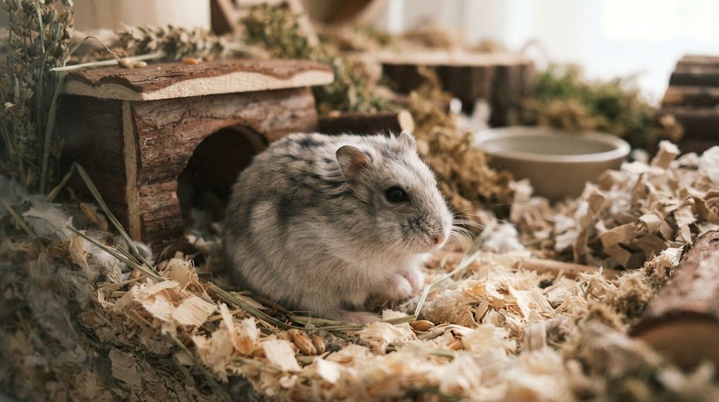 巣箱のそばの木のチップの上で、ゆったり座る白っぽい灰色の毛のジャンガリアンハムスター