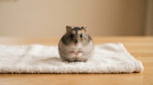 木のテーブルに敷いた白いタオルの上で、正面を向いて座る灰色のジャンガリアンハムスター1匹