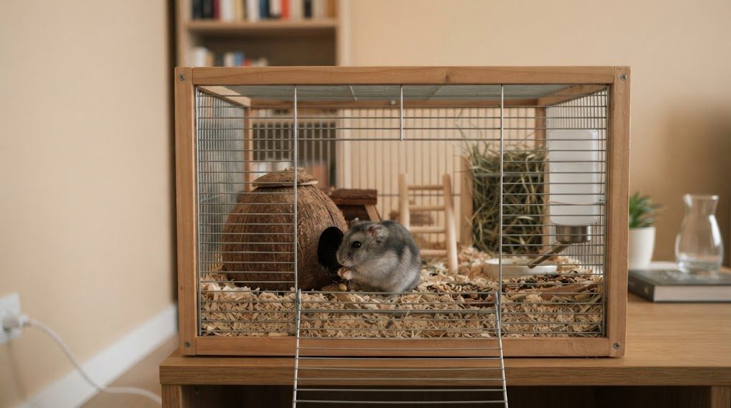 木製の枠のケージの中でヤシ殻の巣箱のそばに座るジャンガリアンハムスターと、ケージから離れた壁のコンセントにつながる電源コード