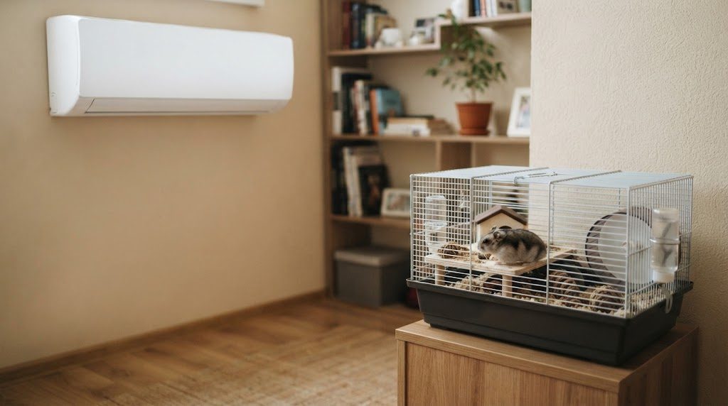 無地の白いエアコンが壁にある部屋で、エアコンの真下を避けて横に離れた壁際の台に置かれたハムスターのケージ