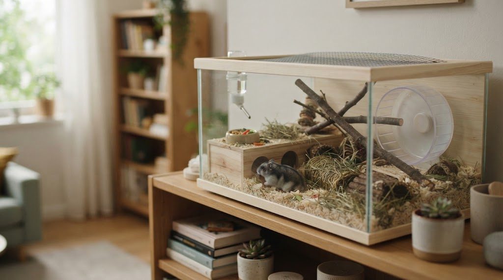 明るい部屋の木製の台の上に置かれたガラスのハムスターケージと、巣箱のそばにいるジャンガリアンハムスター