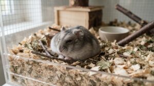 ケージの中の木のチップの上で、巣箱のそばに座るジャンガリアンハムスター