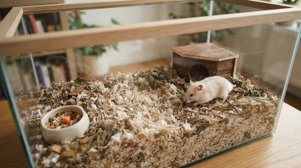 木枠のついたガラスのケージを斜め上から見た様子。左手前に混合フードの入った皿、奥に木の巣箱があり、床材の上に何も置かない空間が残され、白っぽいハムスターが1匹いる