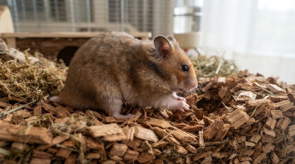 広葉樹のチップを敷いたケージの中で、前足で床材を掘るゴールデンハムスター