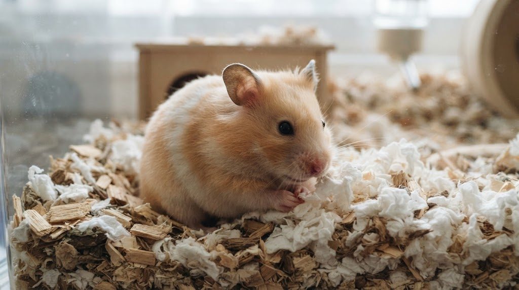木のチップと紙の床材の上で、鼻先を床材に近づけて座るゴールデンハムスター
