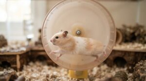 すき間のない閉じた走る面の回し車を、背すじを伸ばして走るゴールデンハムスター