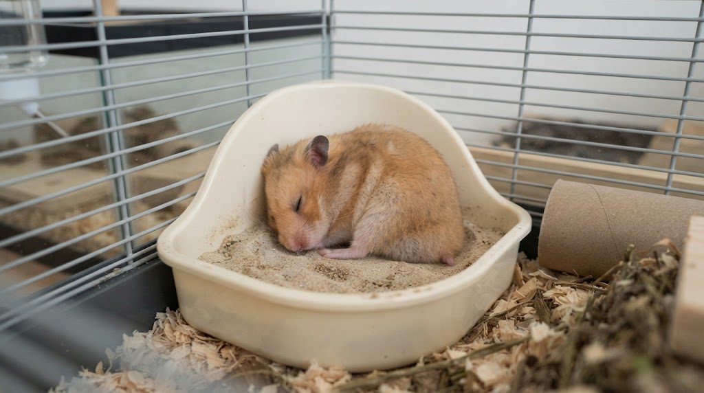 ケージの隅のトイレ容器の中で、砂の上に丸くなって眠るゴールデンハムスター