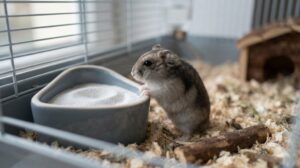 ケージの隅の砂入りの小さな容器のそばに立つジャンガリアンハムスター