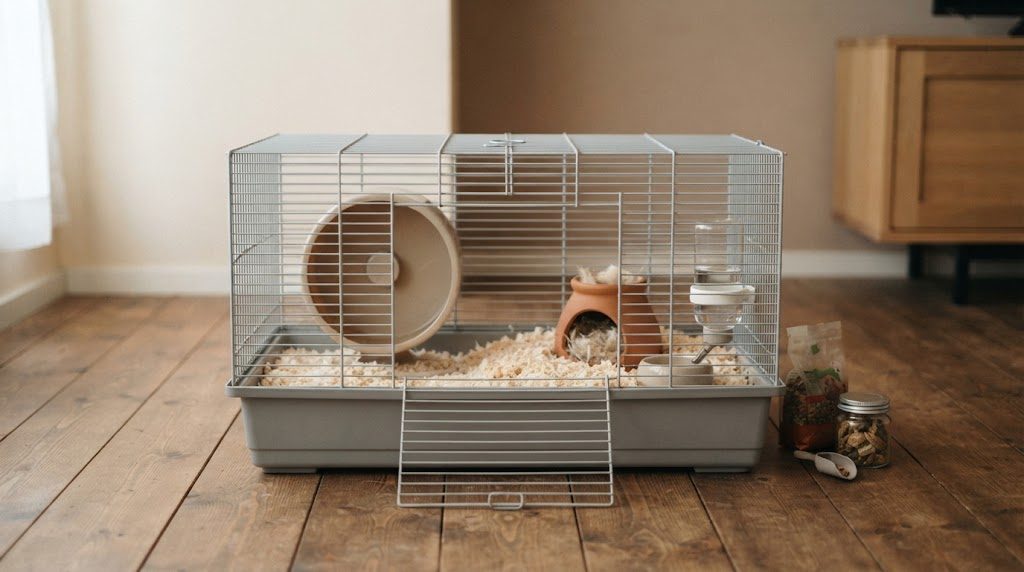 床に置かれた平屋のワイヤーケージの中に回し車・巣箱・床材が入り、そばにえさの容器とスコップが並ぶ様子