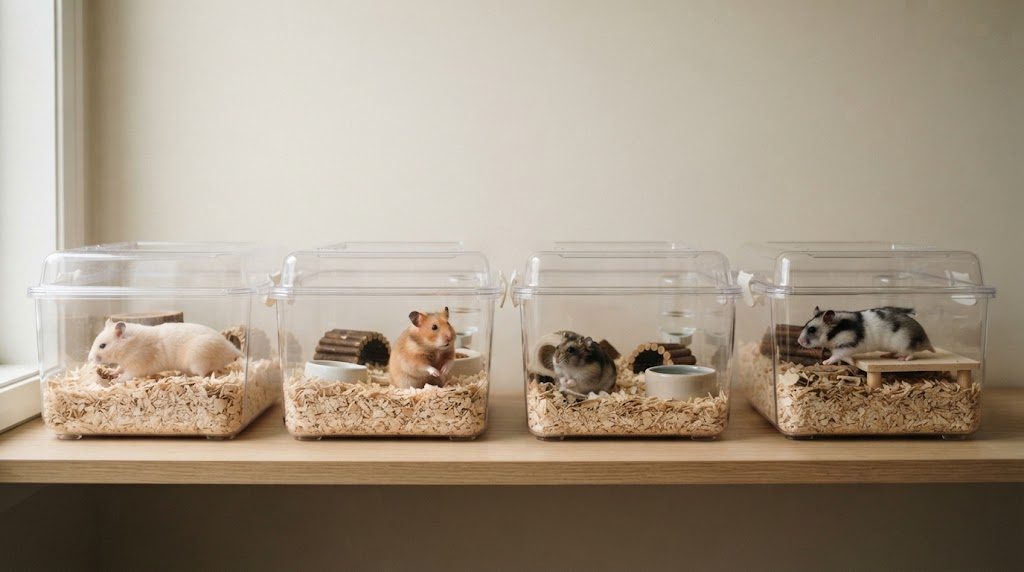 透明な飼育ケースが4つ並び、毛色の違うハムスターが1匹ずつ入っている様子